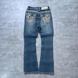 Y2K Answer Me Embroidered Low rise Flared Jeans denim